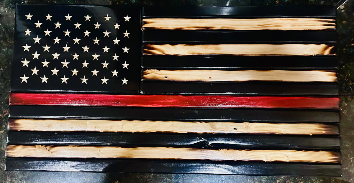 The Thin Red Line Charred Wooden Flag w/ Carved Stars