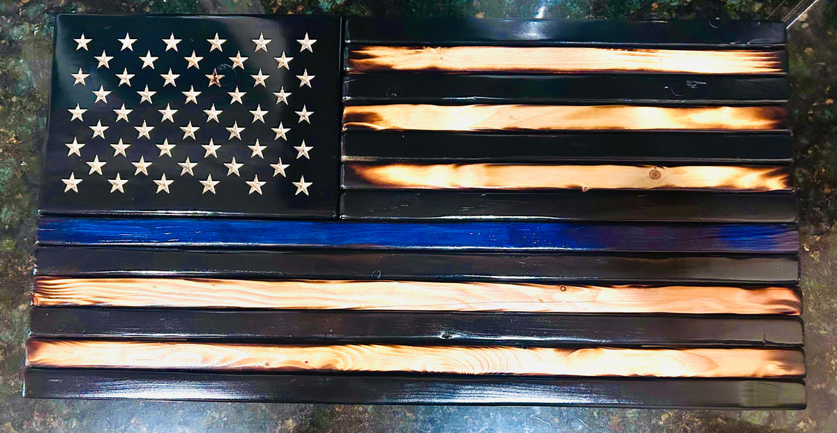 The Thin Blue Line Charred Wooden Flag w/ Carved Stars